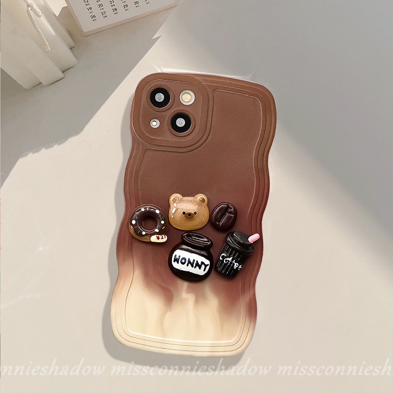 REDMI Ins 3D Lucu Kartun Mainan Beruang Kopi Donat Case Redmi10 9T A1+10A 10C A1 9 9A 9C NFC Note10 11 10s 9s 8 11Pro 9 10Pro 11s POCO M3 X3 NFC Pro Mi 11T Pro Gradiasi Bergelombang Casing Edge