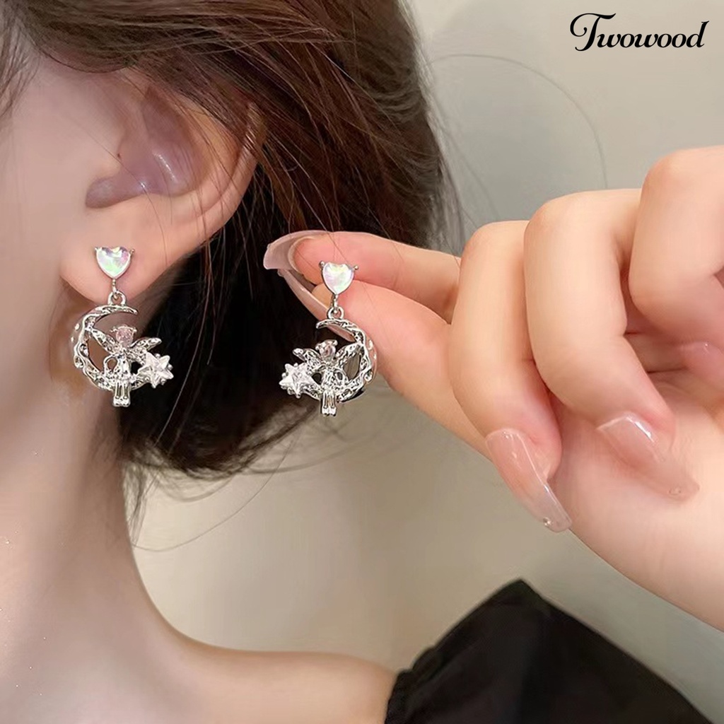 Twowood 1pasang Drop Anting Cinta Hati Faux Moonstone Star Hadiah Elegan Hypoallergenic Celestial Moon Fairy Stud Earrings Fashion Jewelry