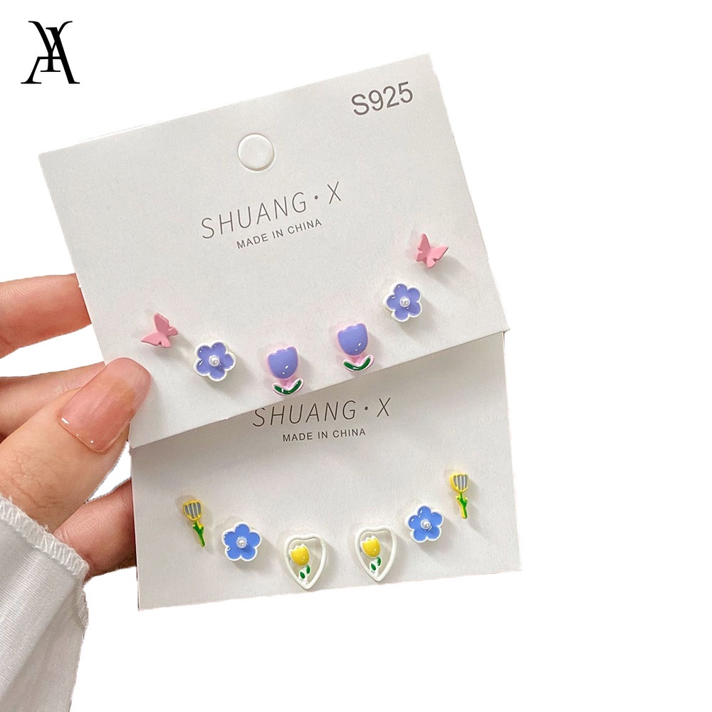 AY(CN) Set Anting Hoop S925 Silver Bentuk Bunga Tulip Kupu-Kupu Untuk Wanita