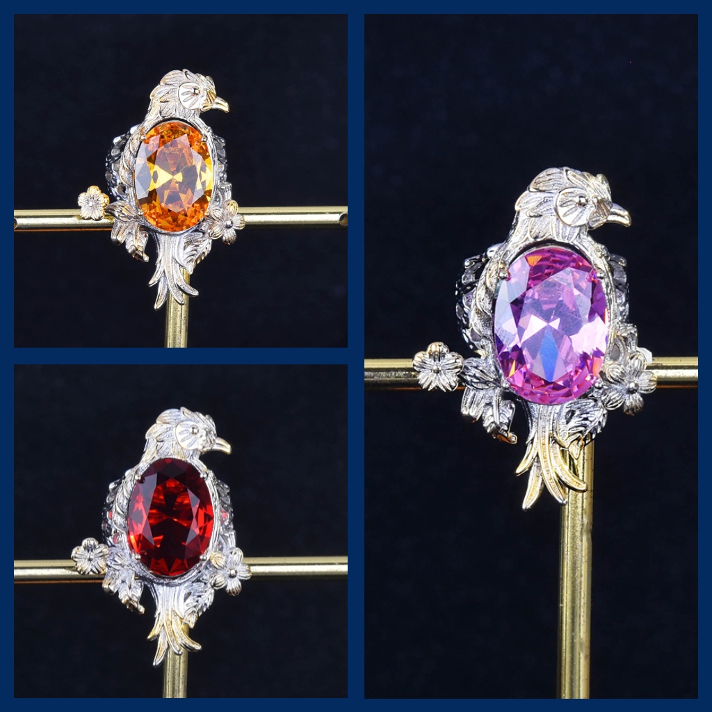 Goldkingdom Fashion Perhiasan Aksesoris Ready Stock Retro Kawat Menggambar Proses Pembukaan Cincin Warna-Warni Eagle Ming Berlian Pink Kristal Merah Berlian Cincin