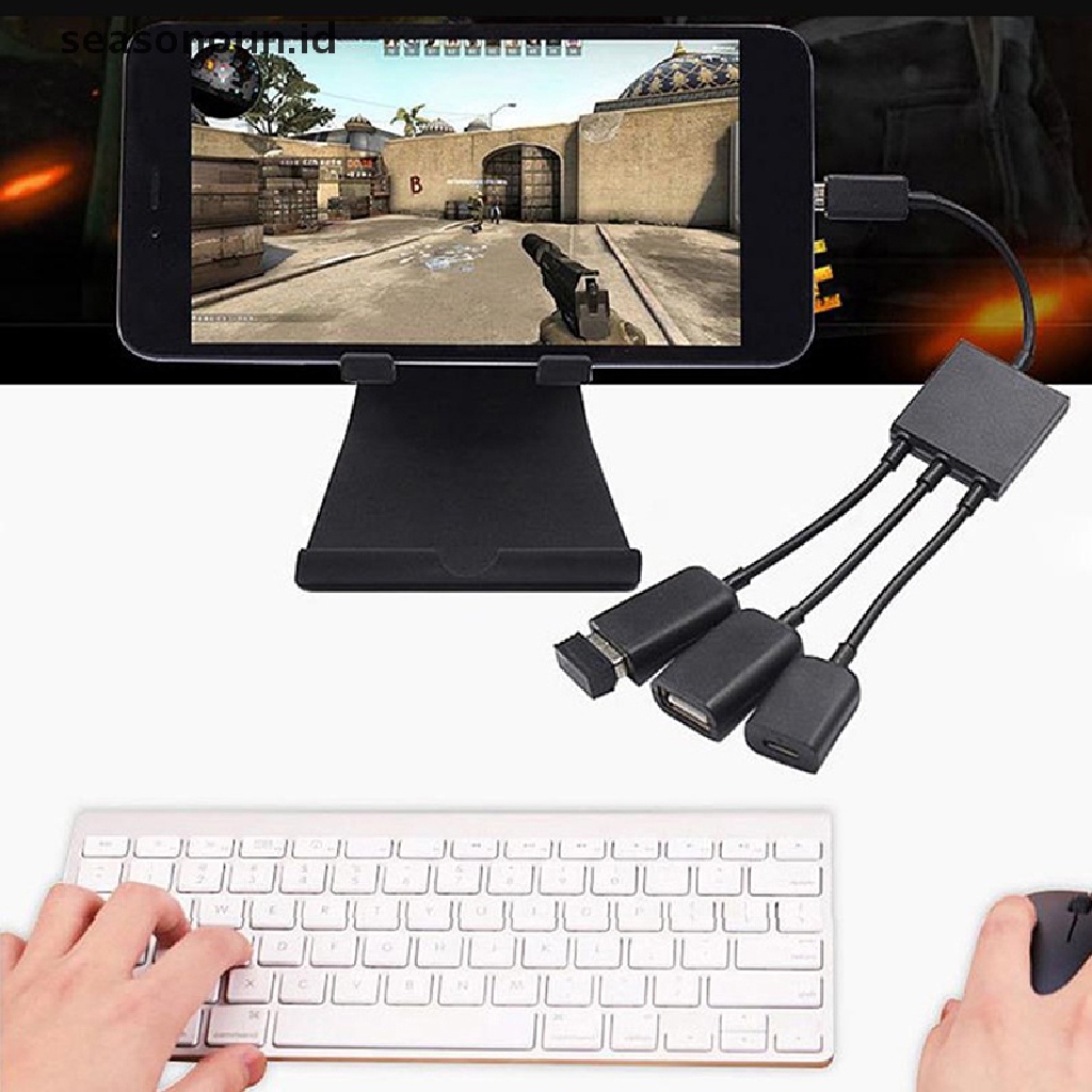 Seasonoun 3in1 Micro USB To 2konverter Adapter HUB 3port OTG Micro-USB Type-C Untuk Tablet Keyboard Mouse Android.