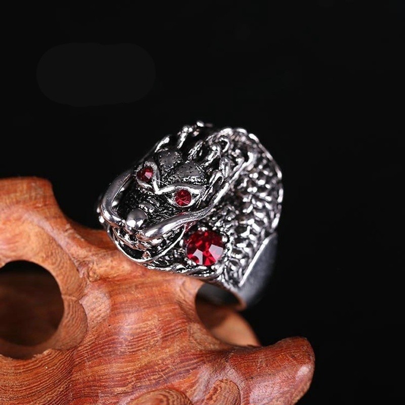 [X C Jewelry] Fashion Punk 925 Silver Ring Chinese Dragon Inlaid Gemstone Fashion Jewelry Men's and Women's