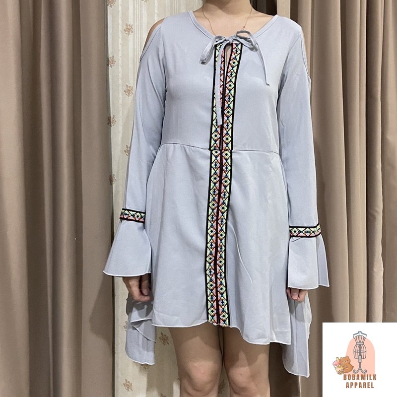 Bohemian Ethnic Off Shoulder Grey Dress Midi Mini Fashion Wanita Preloved
