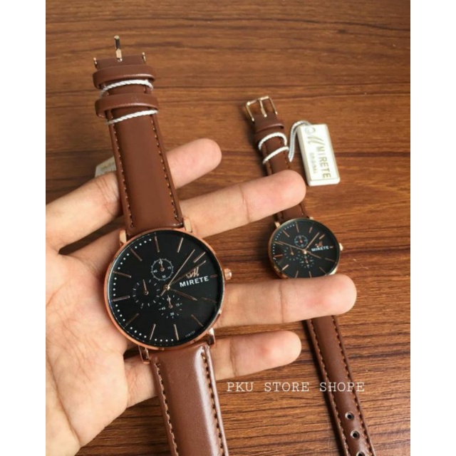 JAM MIRETE COUPLE PRIA WANITA ANTI AIR ORIGINAL TALI KULIT  WARNA HITAM, COKLAT TUA, COKLAT MUDA ELE