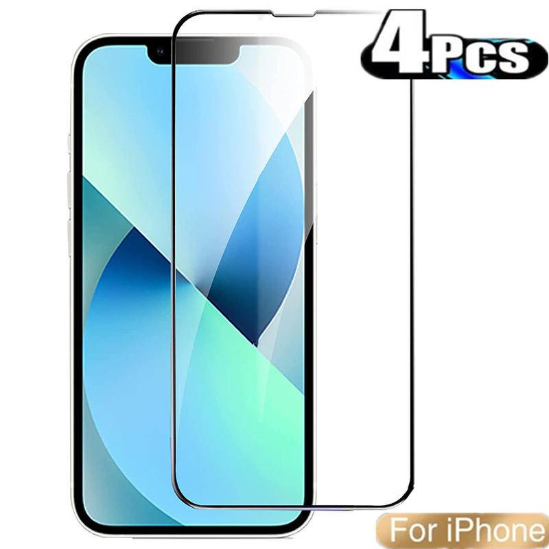4pcs Full Cover Tempered Glass Untuk Iphone14 13 12 11 Pro MAX Plus Kaca Pelindung Mini Untuk iPhone X XS MAX XR 7 8 6 6S Plus SE 2022 2020 14Plus 13Mini 12Mini Pelindung Layar