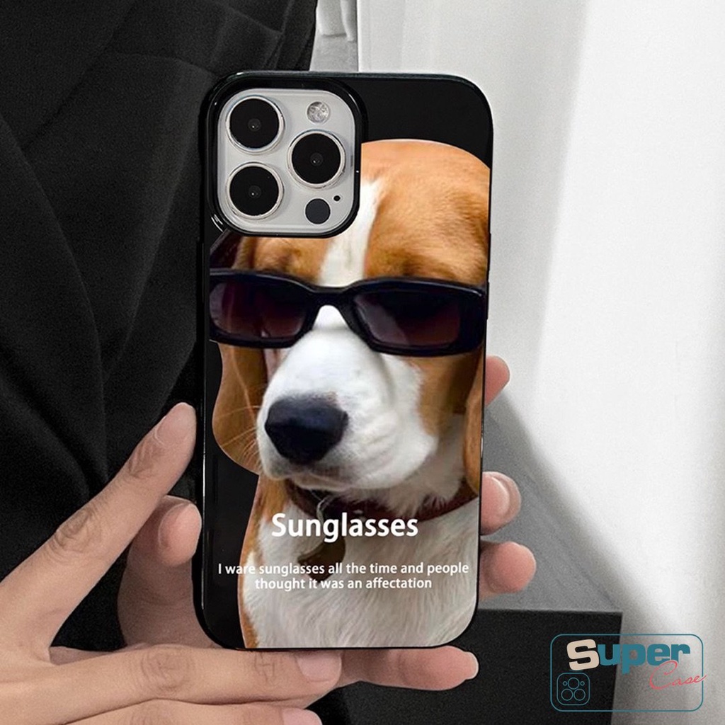 Anjing Lucu Dengan Kacamata Hitam Glossy Case Kompatibel Untuk IPhone 7plus XR 11 Pro Max13 14 12 Pro Max 7 8 Plus X XS Max SE 2020 Fashion Scare Kartun Kucing Shockproof Halus Lembut Casing Belakang