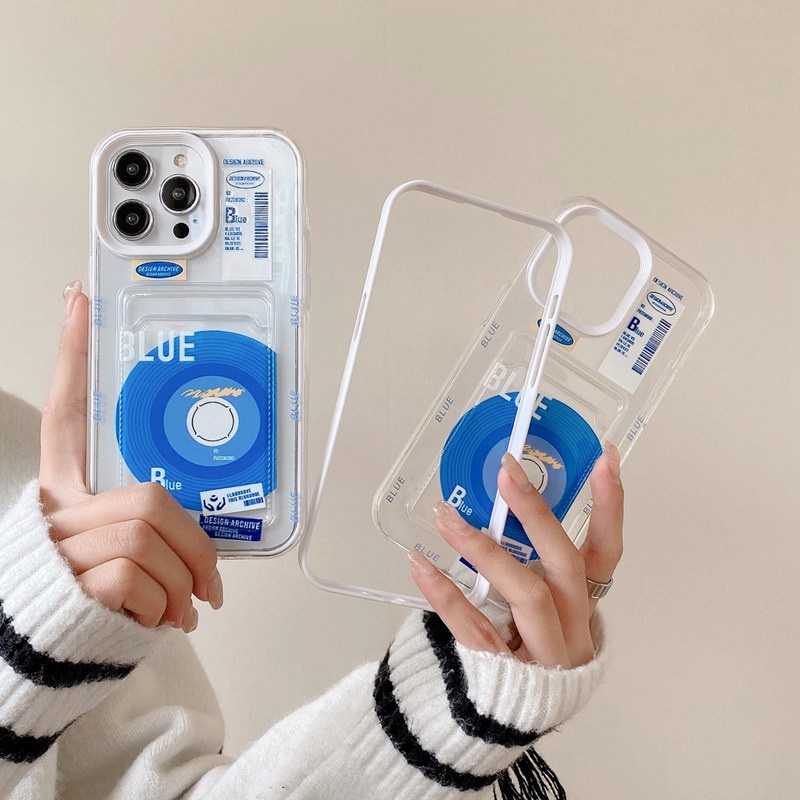 【Card Bag】INS Simple Blue CD Soft Case HP iP iPhone 6 6S 7 8 14 + Plus SE 2020 X XS XR 11 12 13 Pro Max 3in1 Clear Casing Apple