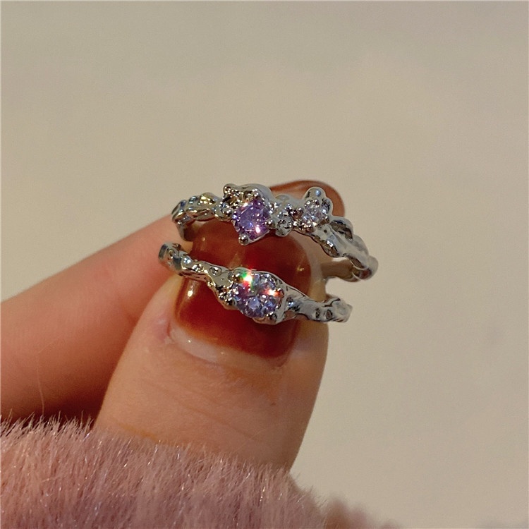 2pcs/set Cincin Kristal Ungu Set Zirkon Cincin Pembukaan Adjustable Untuk Aksesoris Perhiasan Wanita