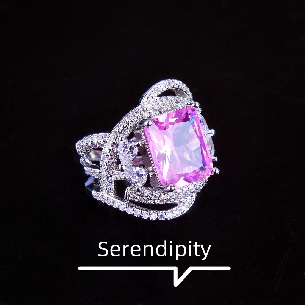 Goldkingdom Fashion Perhiasan Aksesoris Ready Stock Tiktok Hidup Desain Industri Berat Caibao Cincin Berlian Tangan Hias Argyle Pink Berlian Putri Square Diamond Wrapped Ring