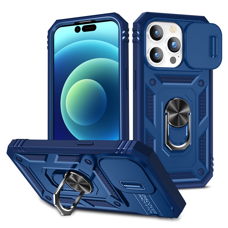 IPHONE Casing Full Case Sersan Push Window Biru Navy Untuk Iphone12 11 13 14 Pro X XS Max14 6 /7 /8 Plus XR 360° Bracket Ring Casing Keras