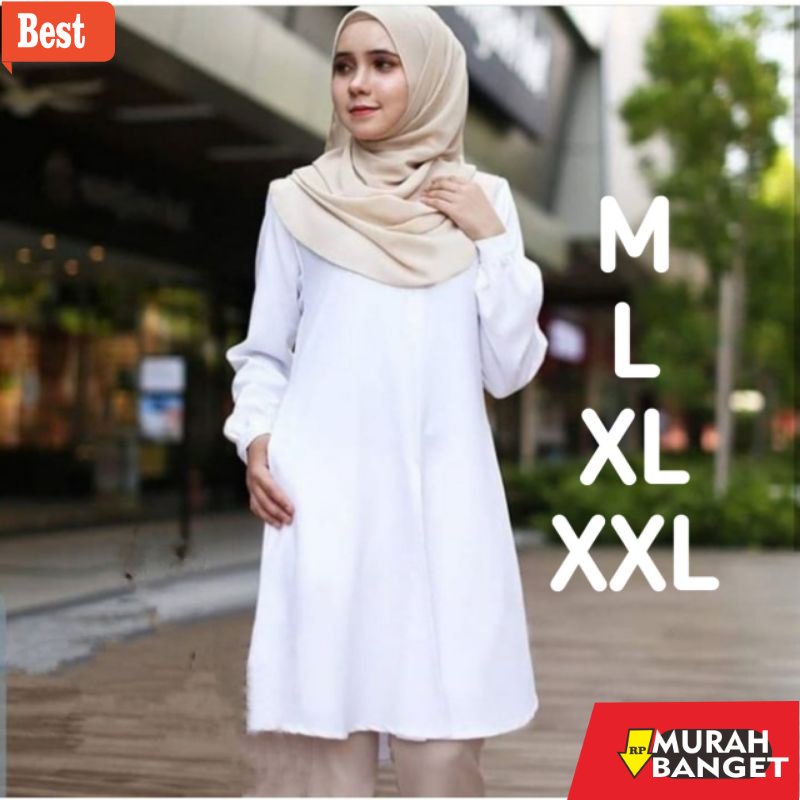 Tunik jumbo terbaru untuk wanita- Tunik Dress Wanita Dewasa Lengan Panjang Warna Putih Cantik Terbar