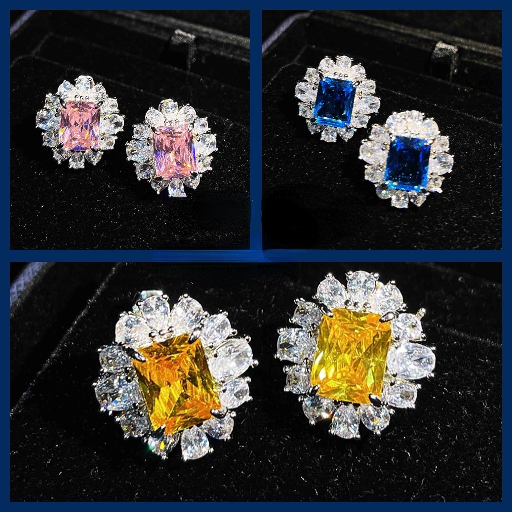 Goldkingdom Aksesoris Perhiasan Fashion Ready Stock Ringan Mewah Asche Berlian Kuning Topa Biru Argyle Pink Square Diamond Earrings Untuk Wanita