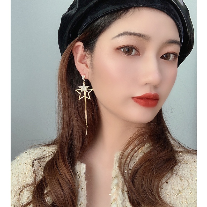 Bintang Berujung Lima Panjang Rumbai Anting-Anting High-End Berpayet Logam Berkelas Anting-Anting Menunjukkan Wajah Anting-Anting Tipis Perempuan S925 Perak Jarum