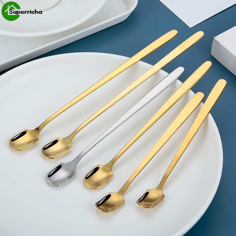 Hot Sale/1 Pc Stainless Steel Berkepala Persegi Sendok Teh Gagang Panjang Sendok Garpu Kopi Teh Sendok Dessert Es Krim Mini Scoop Peralatan Makan Dapur