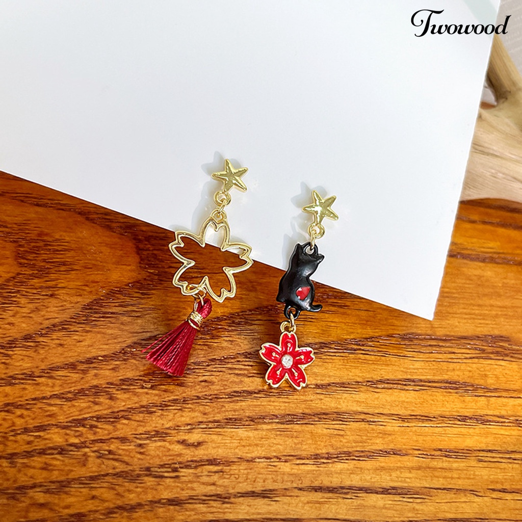 Twowood 1pasang Drop Earrings Kartun Asimetris Electroplating Liontin High Gloss Hiasan Telinga Tahan Luntur Fashion Wanita Anak Bunga Telinga Kucing Studs Untuk Pakaian Sehari-Hari