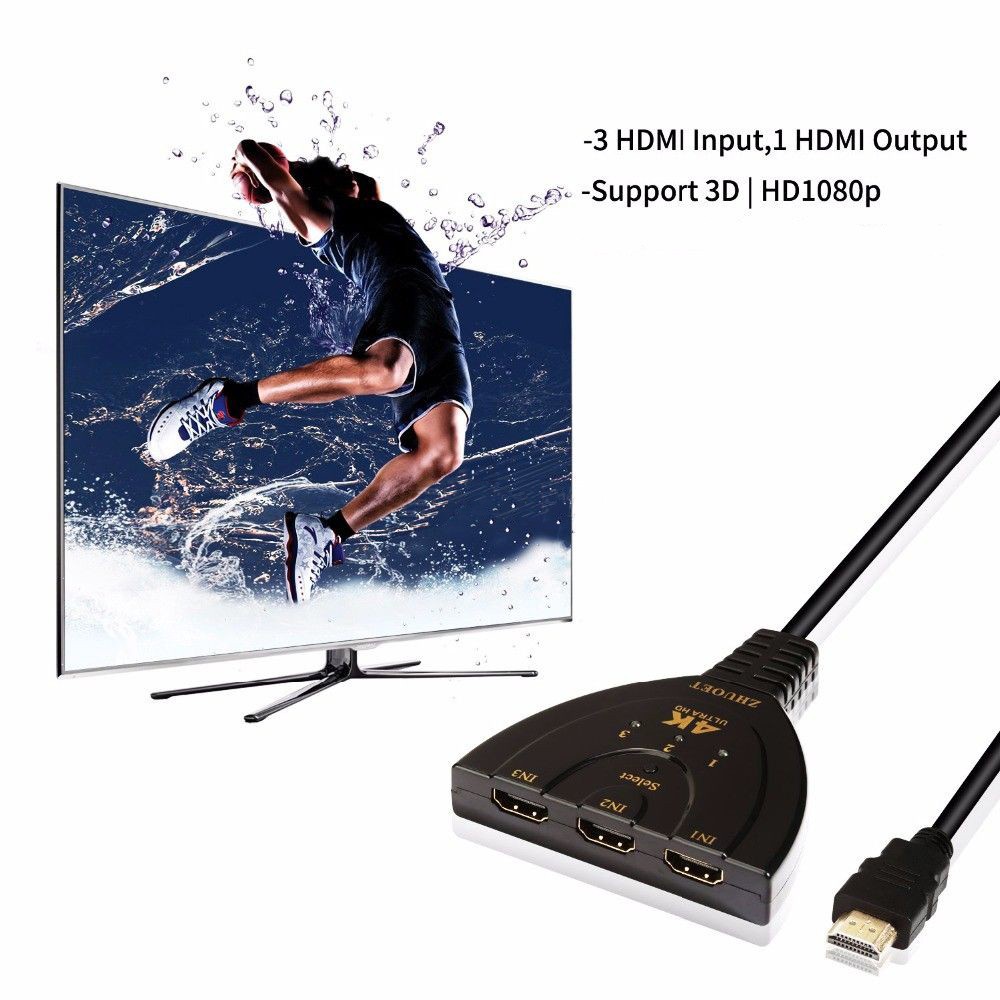 HDMI Switch 3 Port 4K Ultra HD TV Switcher 3 Input 1 Output