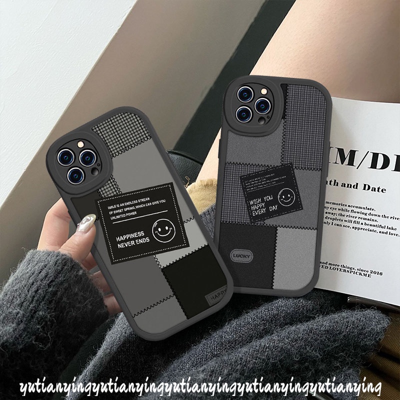 IPHONE Ins Keren Label Hitam Case Kompatibel Untuk Iphone11 13 12 14 Pro Max XR 6 7 8 6s Plus X XS Max SE 2020 Pasangan Lembut Tpu Lucu Smiley Jahitan Ponsel Cover