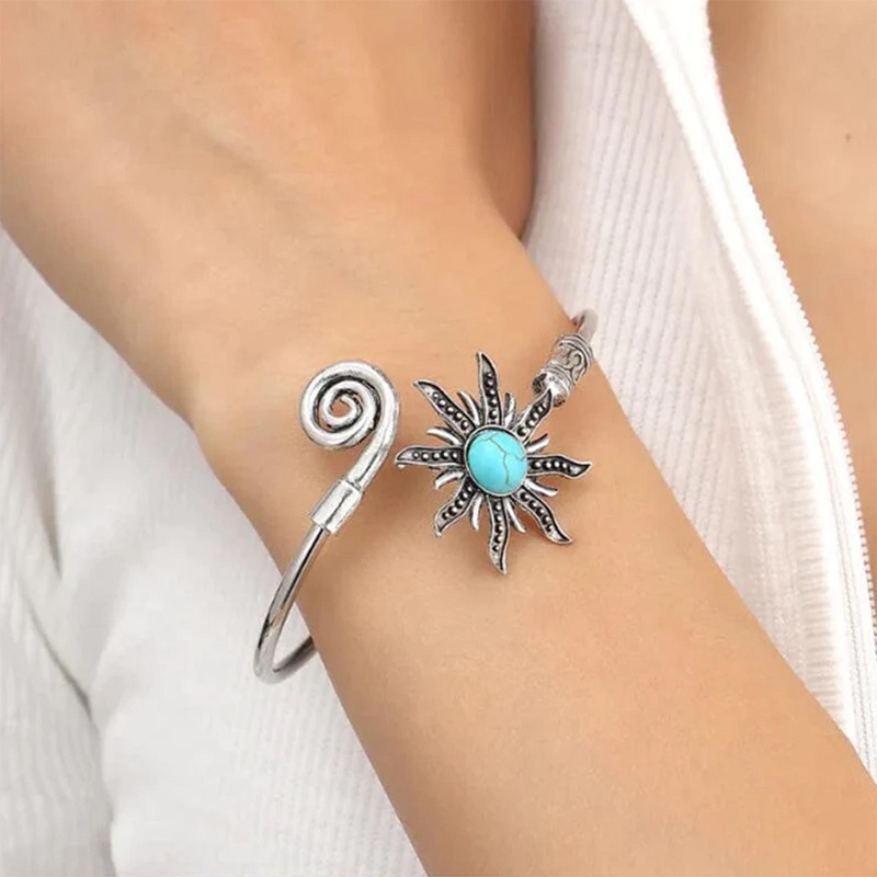 Retro Bunga Matahari Turquoise Alloy Wanita Gelang Kreatif Pembukaan Yang Dapat Disesuaikan Gelang Perhiasan