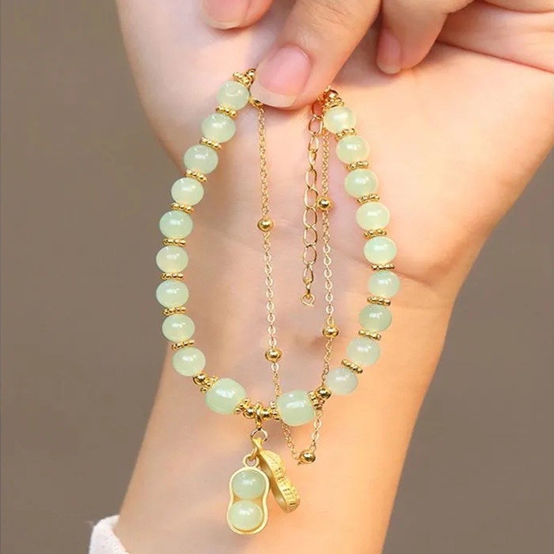 Gaya Cina Elegan Hal Baik Terjadi Kacang Gelang Ditiru Hetian Giok Manik-Manik Kacang Liontin Gelang Indah Mewah Adjustable Double-Chain Strings Beaded Bracelet