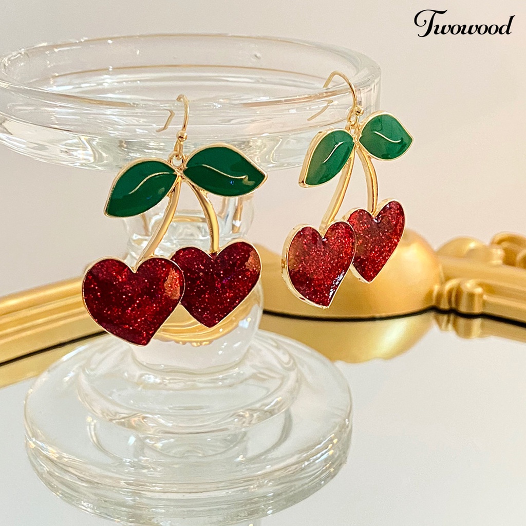 Twowood 1pasang Anting Kait Lucu Bentuk Buah Daun Hijau Tetesan Minyak Cherry Merah Wanita Drop Earrings Fashion Jewelry