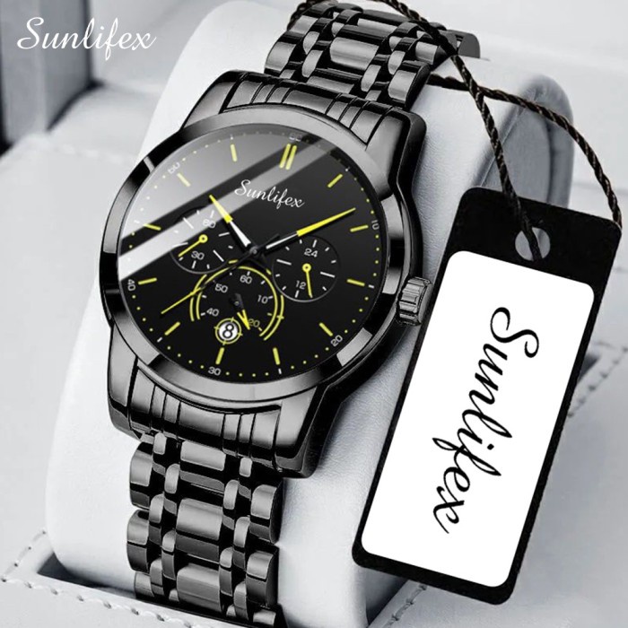 Sunlifex Jam Tangan Pria Jam Tangan Cowok Stainless Anti Air Original - BlackYellow