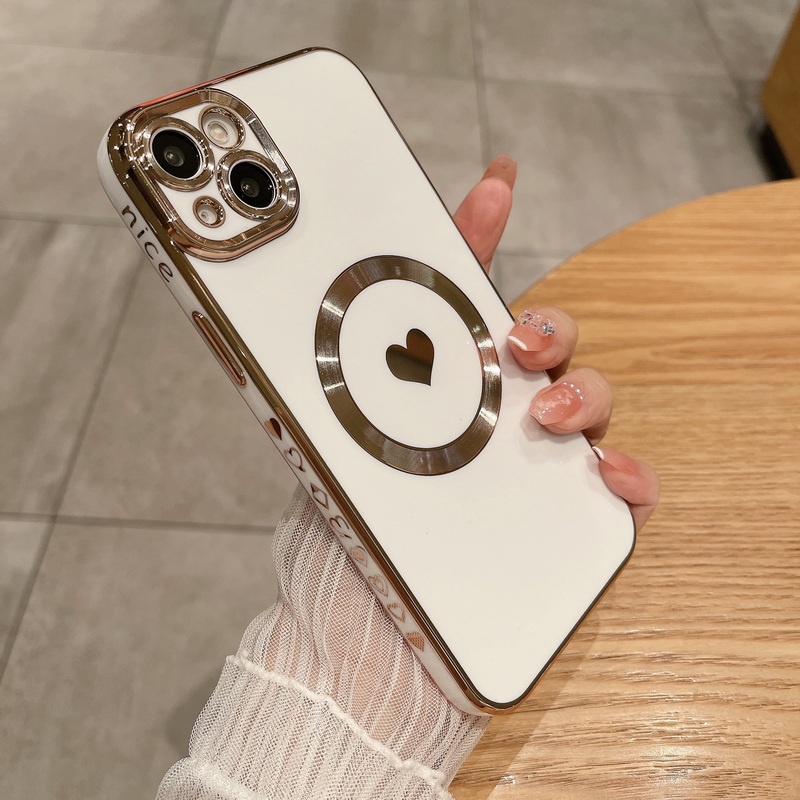 IPHONE Plating Magnetik Untuk Magsa Wireless Charging Case Untuk Iphone14 13 12 Pro Max11 Cinta Hati Kamera Pelindung Ponsel Penutup Belakang