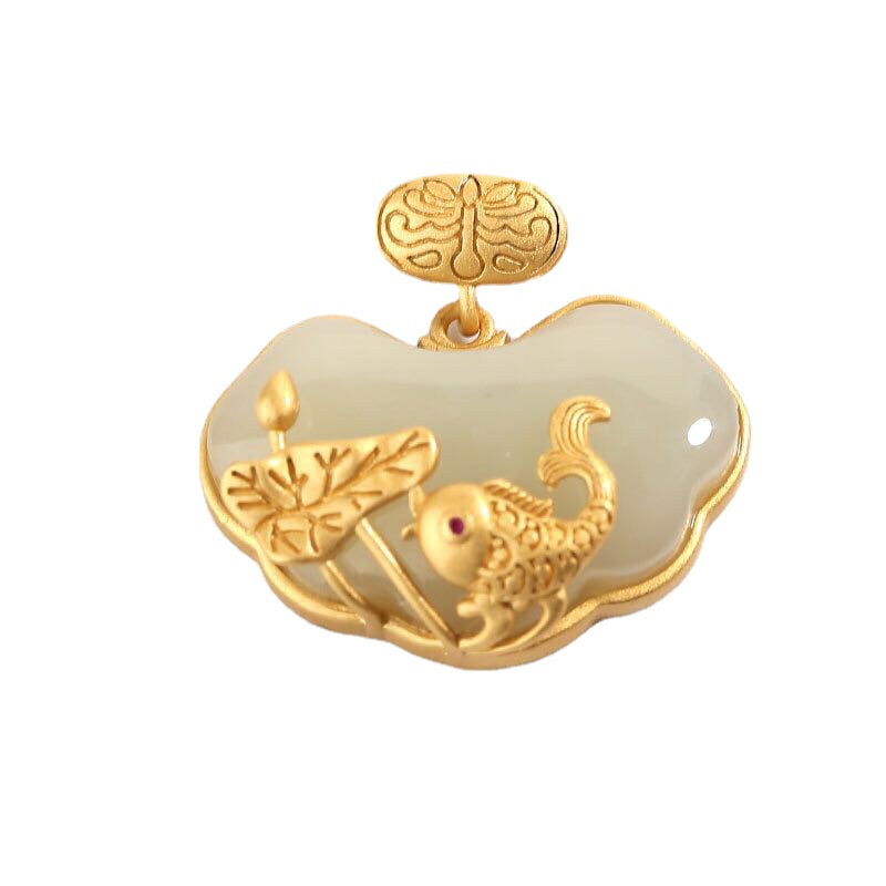 Goldkingdom Aksesoris Perhiasan Fashion Ready Stock Legacy Lapis Emas Dan Tian Bai Giok Lotus Daun Ikan Kecil Ruyi Lock Liontin Kalung Perempuan