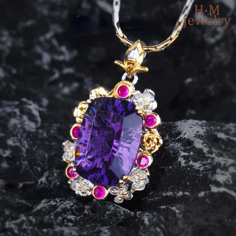 Kalung Emas Ukir Anyaman Lemon Crystal Pendant Amethyst Ornament