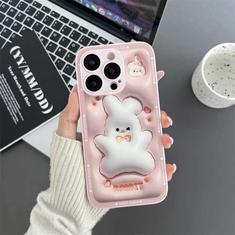 Kelinci Lucu Dengan Lensa Kaca Film Ponsel Case Untuk iPhone 14 Pro Max13 12 11 Pro Max Keras Perasaan Tiga Dimensi Glass Case Penutup Belakang