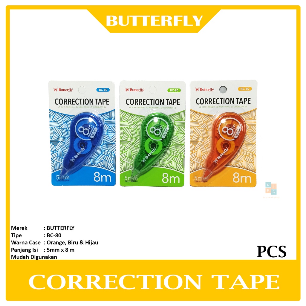 

BUTTERFLY - Correction Tape BC-80 Tip-Ex Kertas 8 Mtr - Pcs