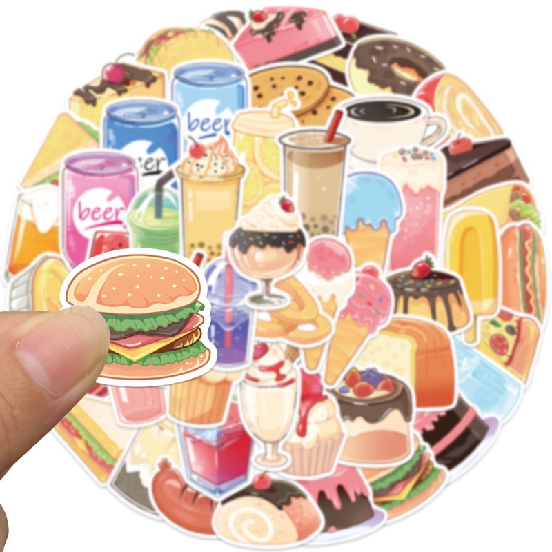 50pcs Stiker Makanan Dan Minuman Lukis Tangan Untuk Alat Tulis Notebook Tahan Air Scrapbook Diy