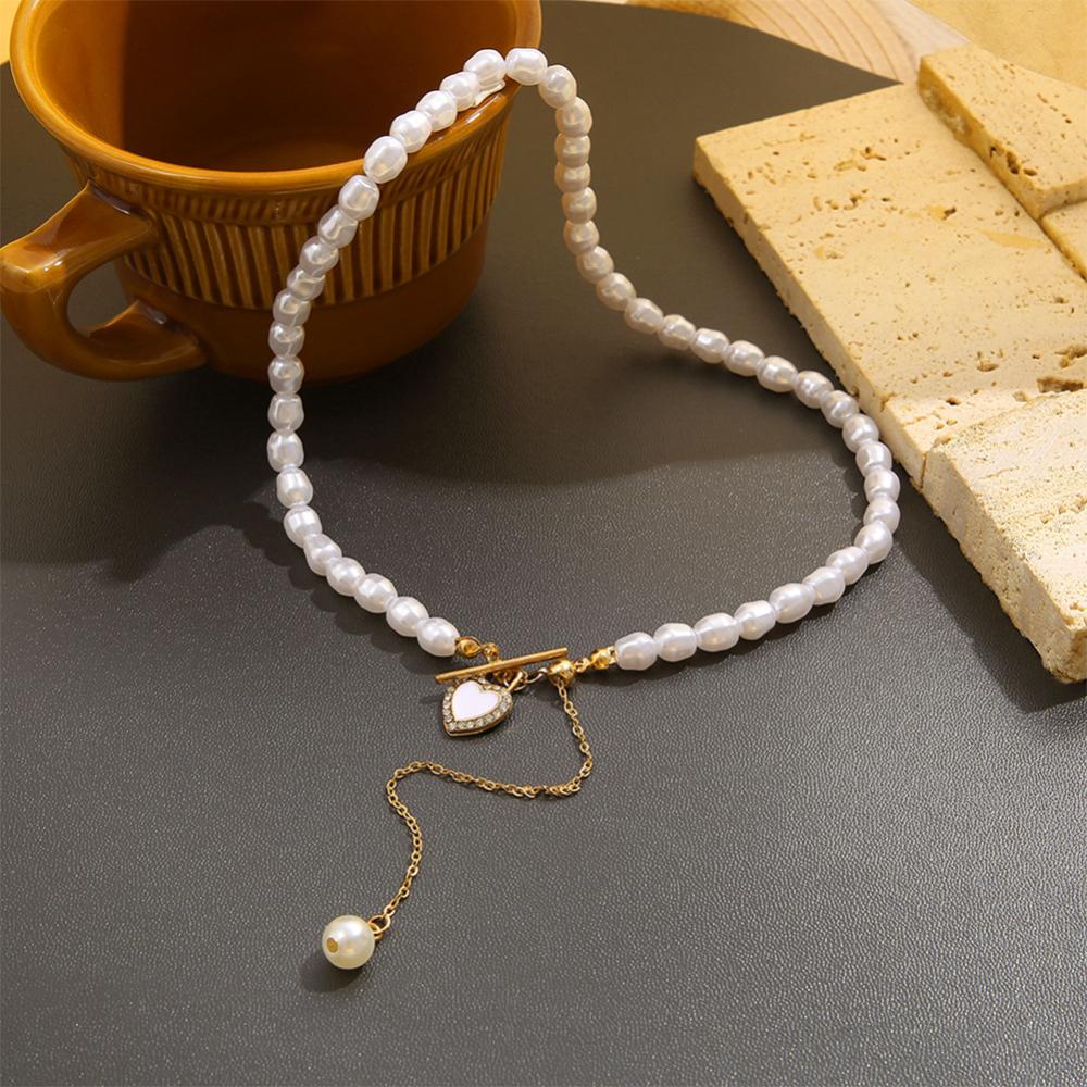 Timekey Temperamen Cinta Liontin Mutiara Kalung Niche Vintage Alloy Pearl Necklace Rantai Klavikula Perhiasan Aksesori R6T3