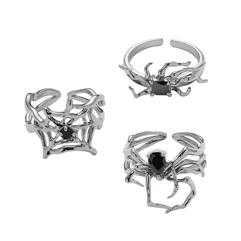 Gothic Tidak Teratur Spider Webs Zirkon Cincin Wanita Hitam Kristal Grunge Punk Gelap Hewan Rings Pesta Perhiasan Hadiah