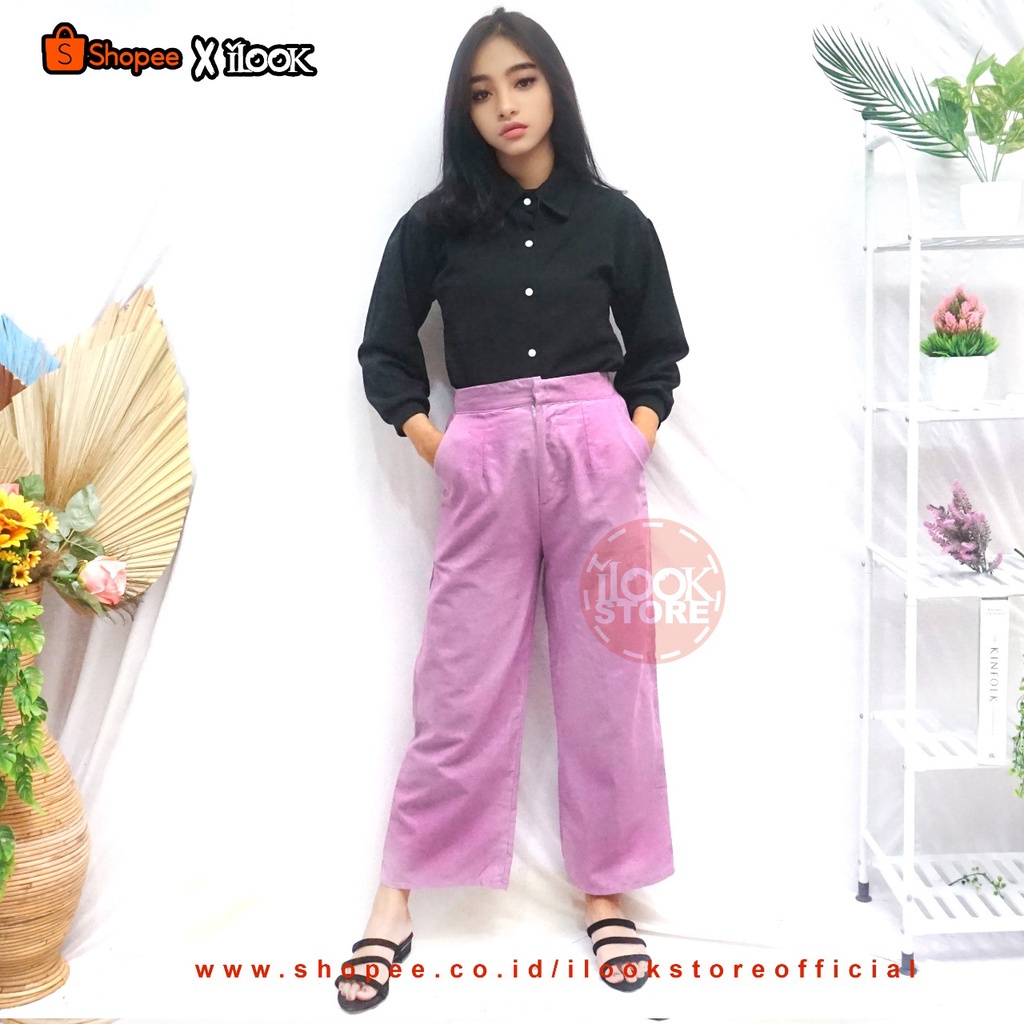 ilook | Celana Linen Highwaist 2239 | Highwaist Wanita Korean Style Bahan Linen | Linen Highwaist