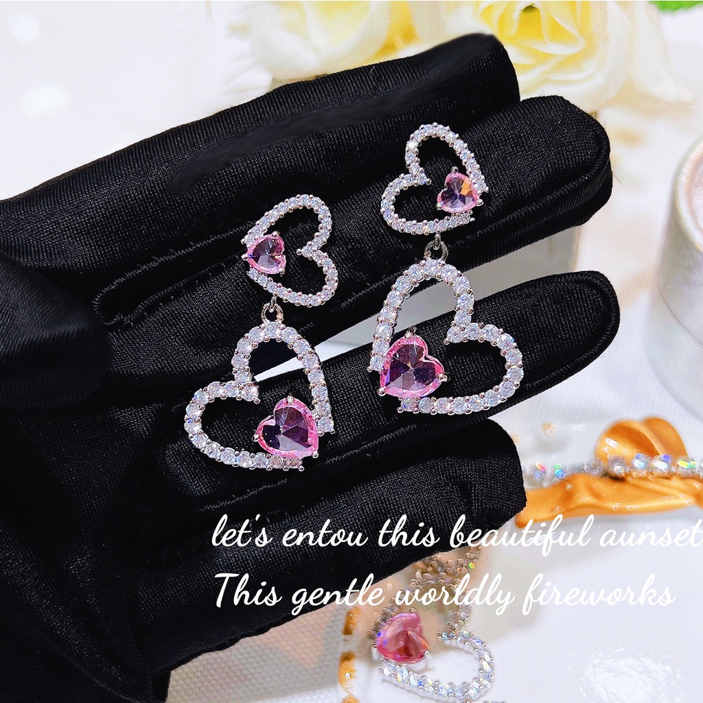 Goldkingdom Aksesoris Perhiasan Fashion Ready Stock Ringan Mewah Pink Anti-set Lima Cinta Ganda Anting Cinta Perempuan