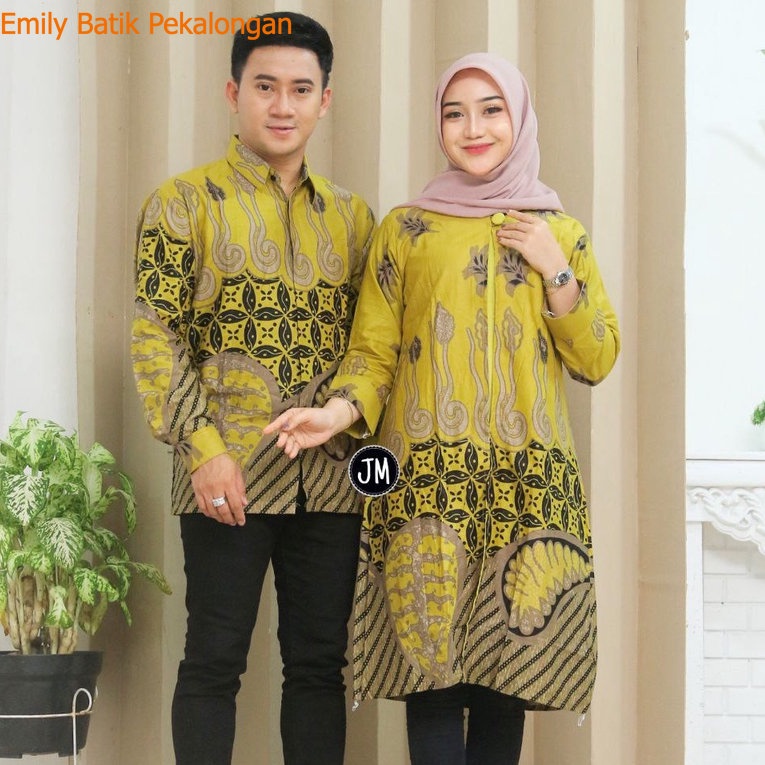 Baju Batik Couple Pasangan Motif Meteor Kuning Lengan Panjang Ems