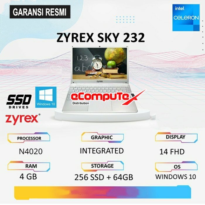 LAPTOP ZYREX SKY 232-NG / SKY 232NG NEW GENERATION CELERON N4020 RAM 4GB EMMC 64GB 256SSD WIN 10 14.0&quot; INCH FHD GARANSI RESMI