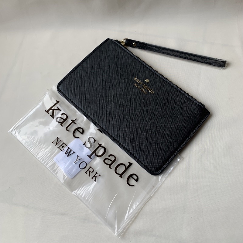 Wristlet Slim Black With Logo Clutch Bag DOMPET WANITA KATE LIPAT SLIM BEE WRISTLET / POUCH KECIL WOMEN