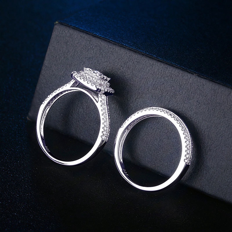 Klasik 2Pcs/Set Cincin Kawin Untuk Wanita Warna Perak Mewah Briliant Cubic Zirconia Temperamen Elegan Perhiasan Perempuan