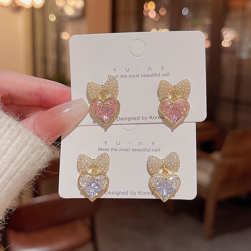 Love Earrings Fashion Zircon Heart-shaped Earrings Versatile Bow Pearl Earrings