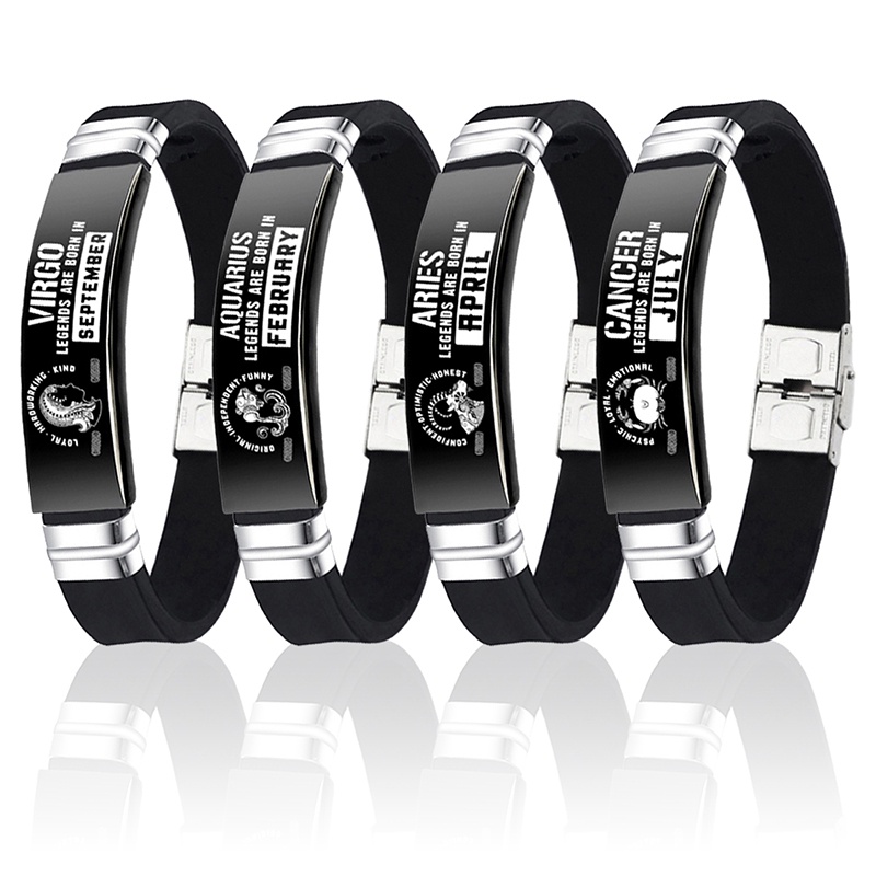 Fashion12 Zodiak Tanda Silikon Bangle Gelang Engravable Stainless Steel Gelang Konstelasi Pria Perhiasan Hadiah Ulang Tahun