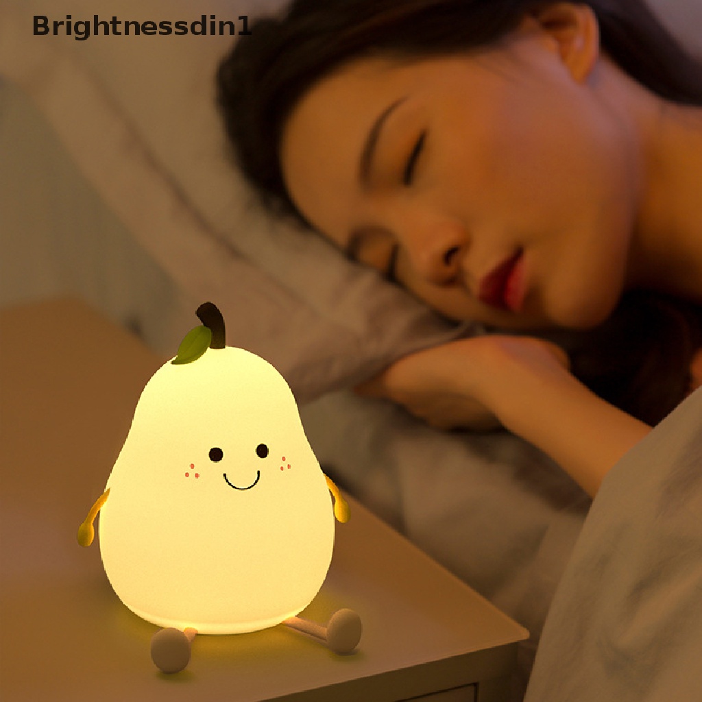 [Brightnessdin1] Lampu Malam Buah Pir LED USB Rechargeable Peredupan Sentuh Silikon Lampu Meja Butik