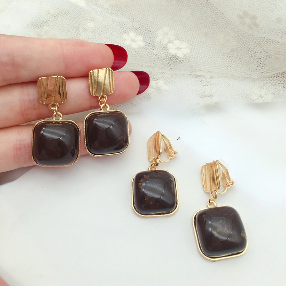 Anting Klip Persegi Geometris Berlapis Emas Non Tindik Vintage Wanita Perhiasan Resin Manset Telinga