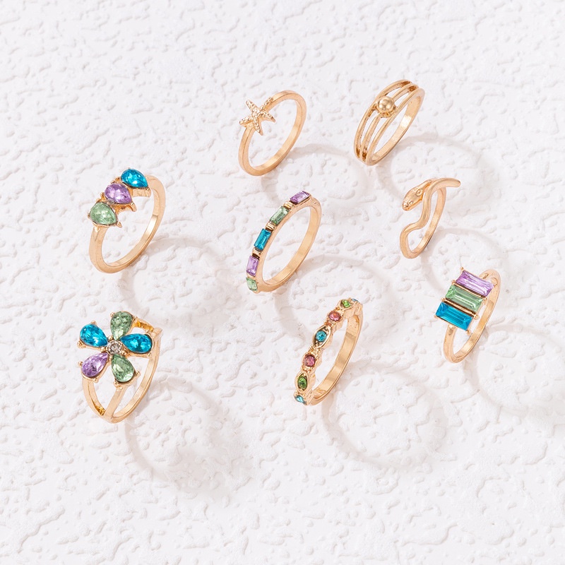 Baru Boho Trendi Warna-Warni Berlian Imitasi Bunga Cincin Set Untuk Wanita Ular Shell Bintang Laut Geometris Rings Pesta Perhiasan