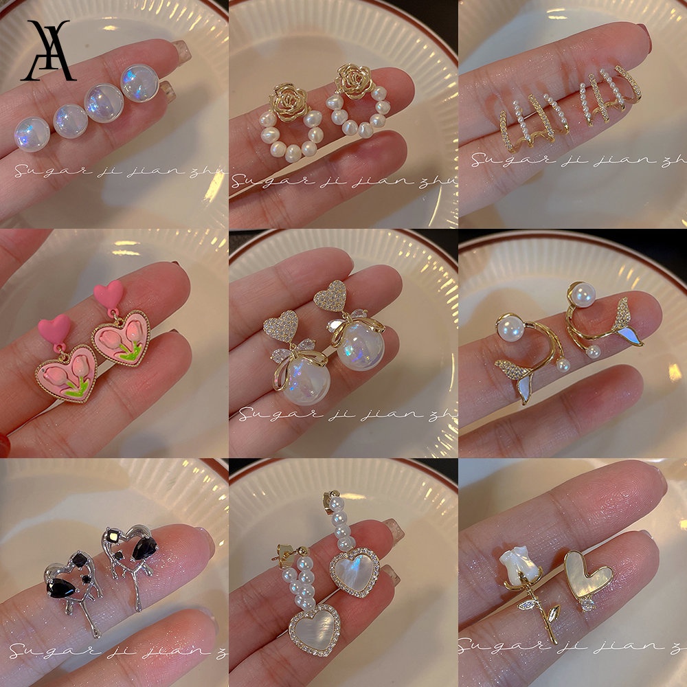 AY(CN) Anting Stud Desain Butterfly Heart Aksen Mutiara Kristal Untuk Wanita