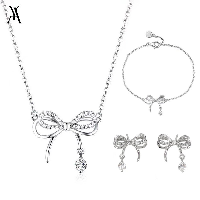 AY(CN) Bow Pendant Kalung Gelang Anting Elegan Kristal Silver Stud Earrings Gelang Choker Untuk Aksesoris Perhiasan Wanita