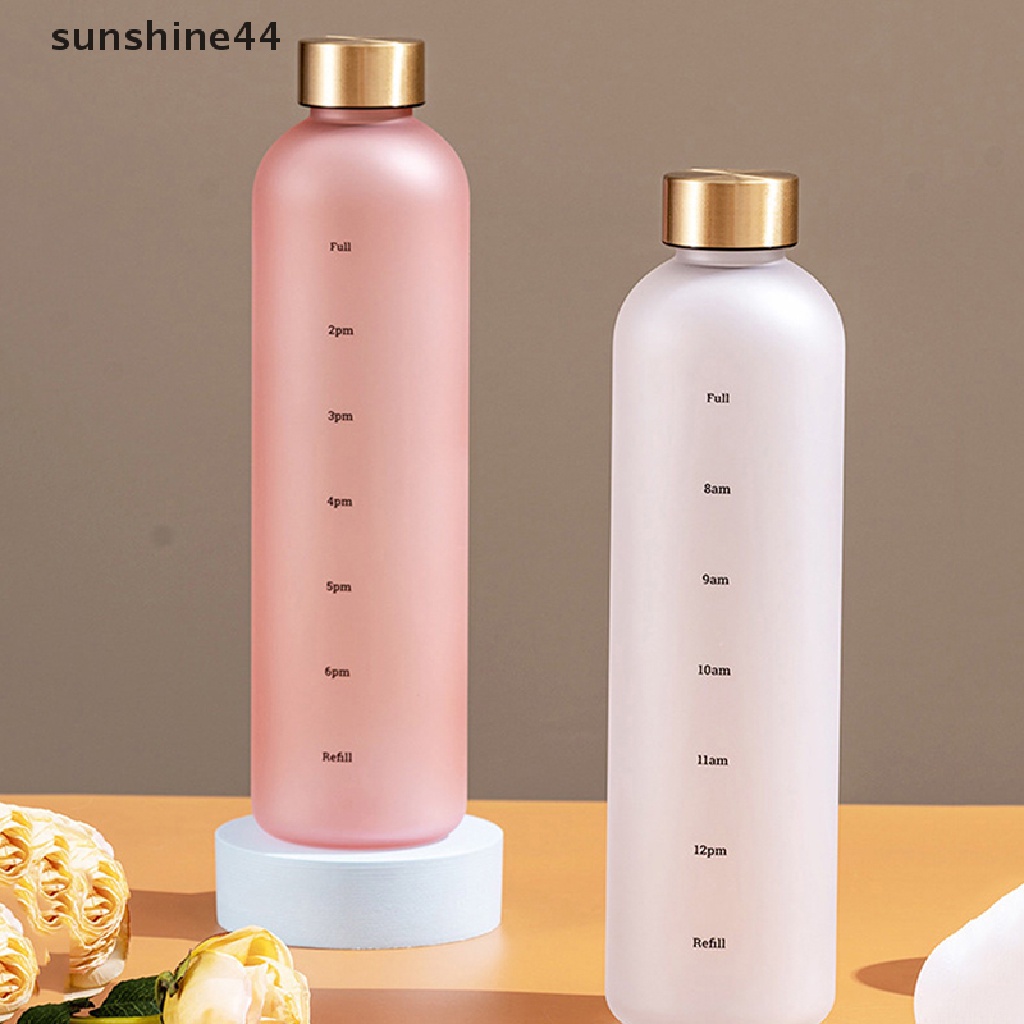 Sunshine Botol Air 1L Dengan Penanda Waktu 32oz Kebugaran Olahraga Perjalanan Luar Ruangan Portable Perlengkapan Minum Anti Bocor BPA Free Frosted Botol Minum ID