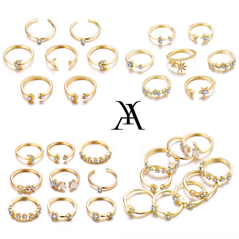 AY(CN) Ifyou Set Cincin Emas Wanita Desain Kupu-Kupu / Bintang / Bulan Gaya Bohemia Retro Korea