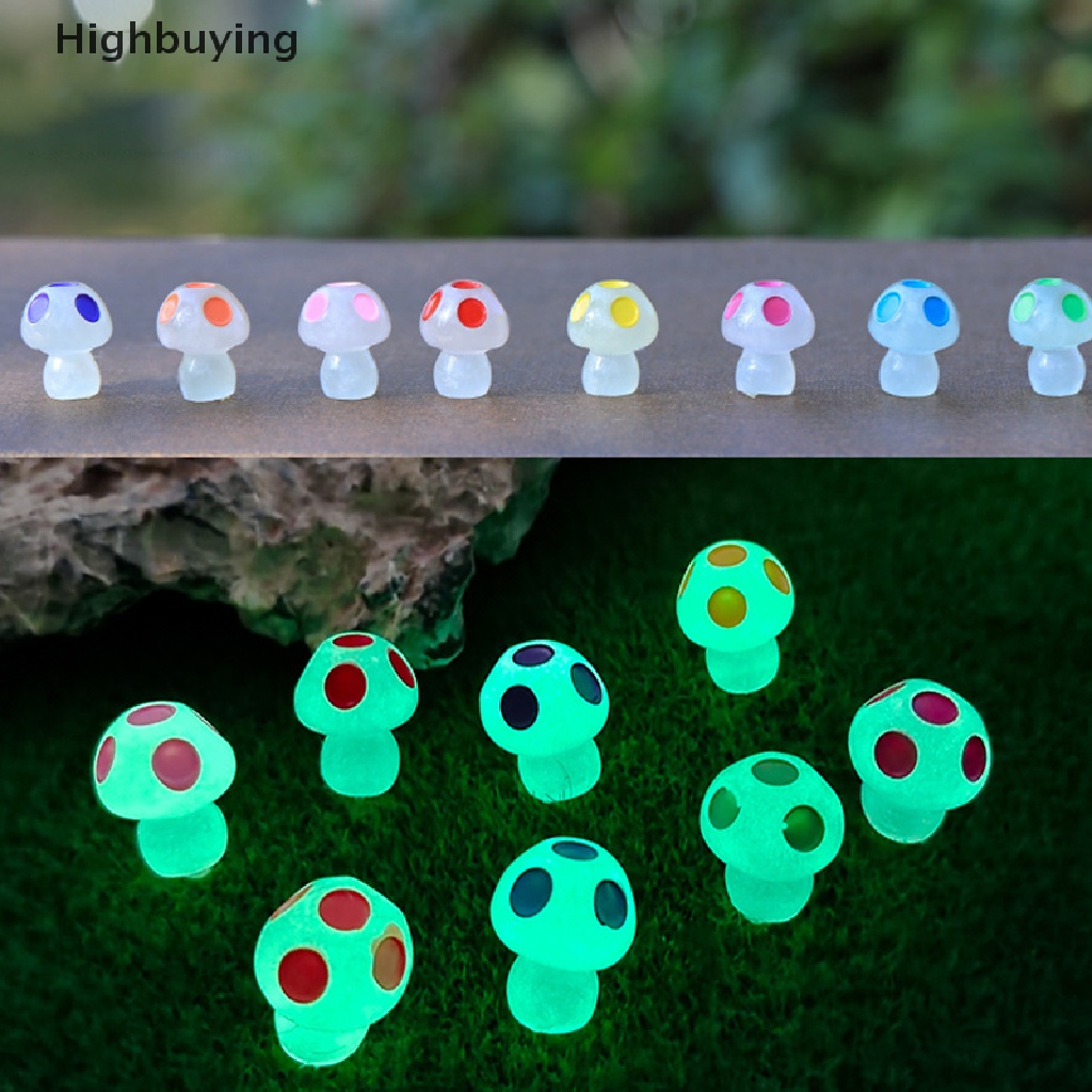 Hbid 10pcs Patung Mini Jamur Menyala Warna-Warni Miniatur Ornamen Lansekap Aksesoris Resin Glory