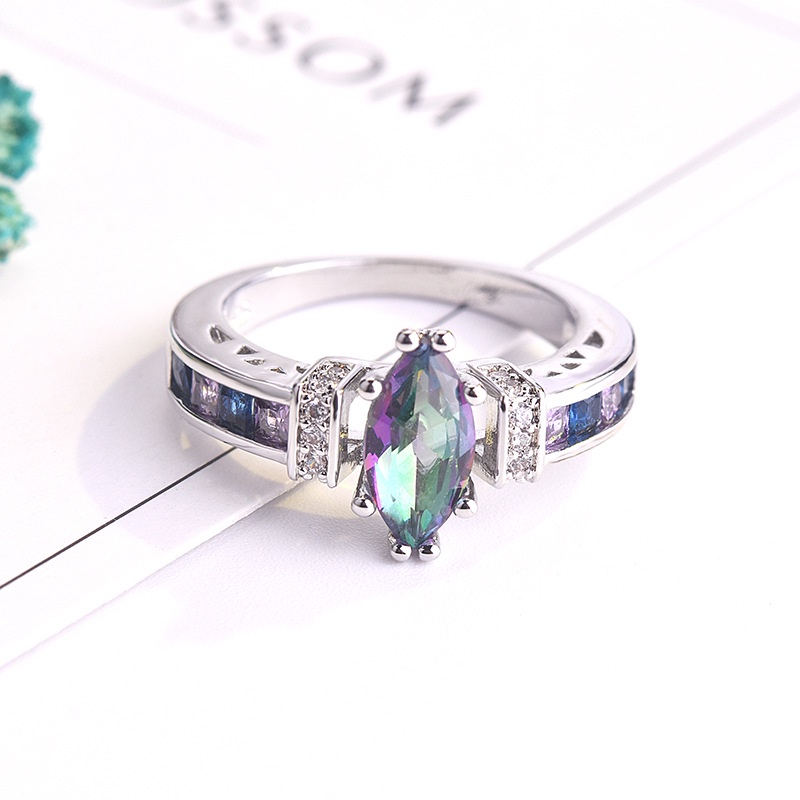 Goldkingdom Aksesoris Perhiasan Fashion Ready Stock Desain Kecil Mata Kuda Amethyst Cincin Wanita Occidental Seven Rainbow 3A Zirkon Berlapis Emas Asli Kadar 375 Putih Dan Perak Cincin